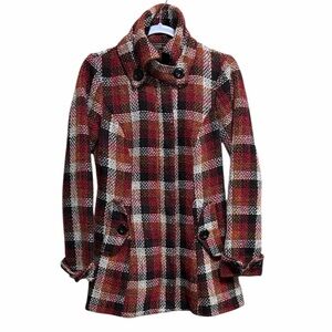 Love Stitch Plaid Zip Jacket Small Red Black Cowl Neck Peacoat